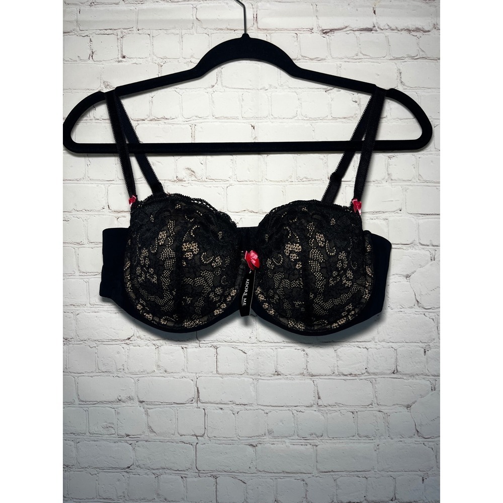 Adore Me Gerda Black Lace Balconette Bra Pink Bow Accents 38D Underwire Lingerie